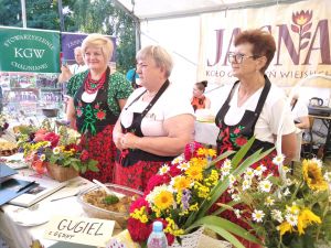 Grupka kobiet, ubrana w stroje ludowe, pozująca przy stole zastawionym regionalnymi potrawami